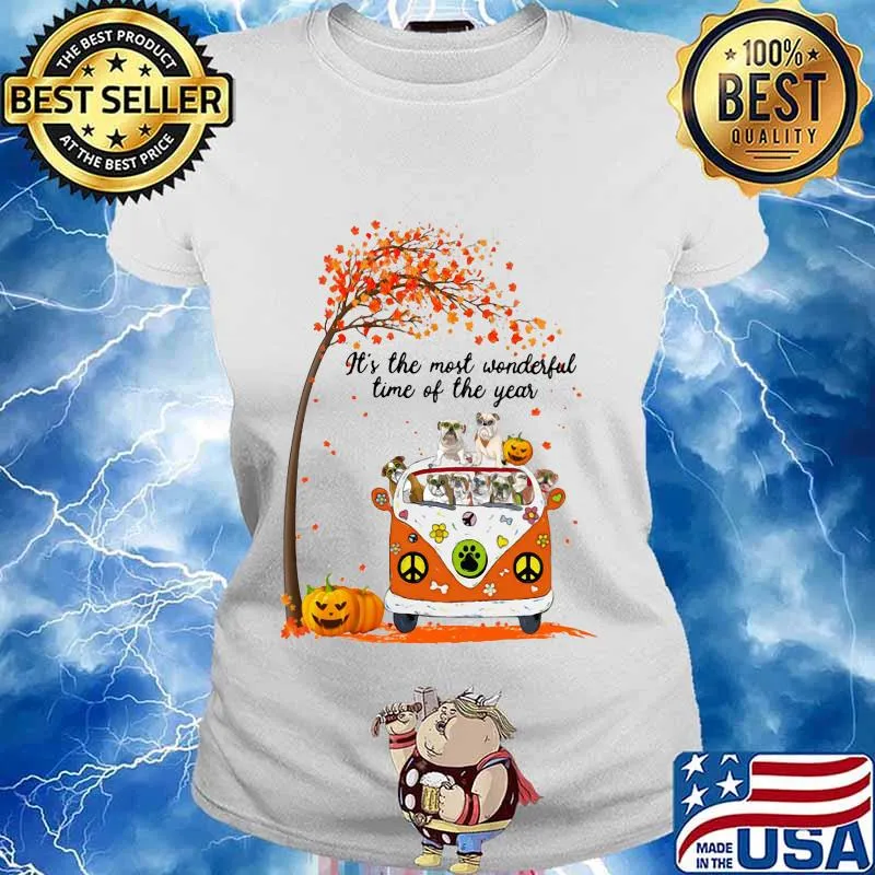 Peace bus pug it's the most wonderful time of the year leaves tree pumpkins s Ladies tee