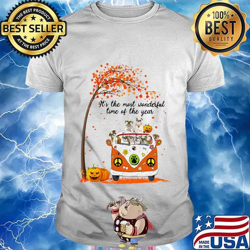 Peace bus pug it's the most wonderful time of the year leaves tree pumpkins shirt