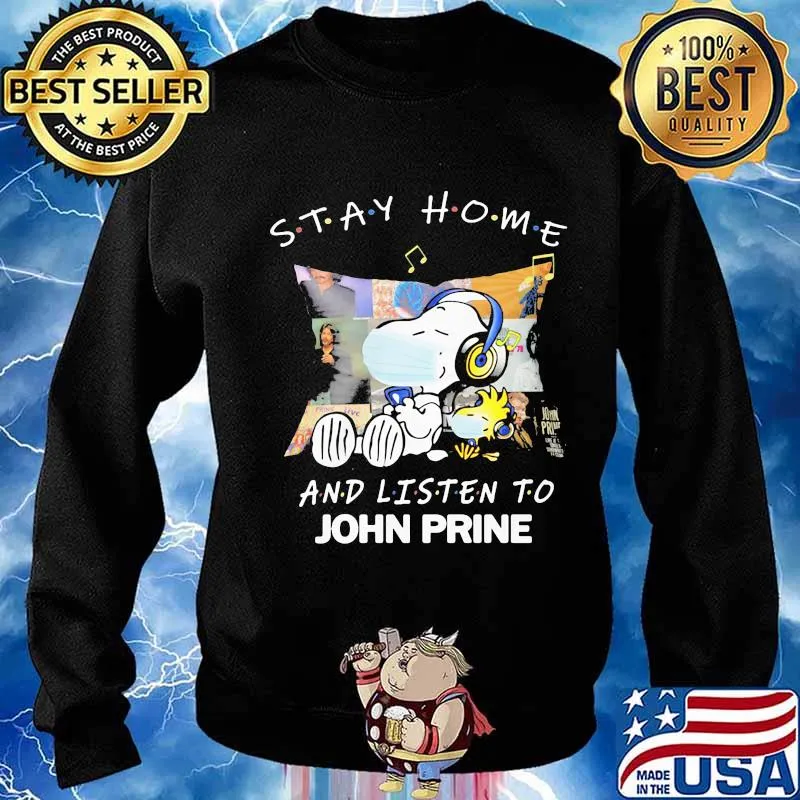 Snoopy and woodstock mask stay home and listen to john prine s Sweater