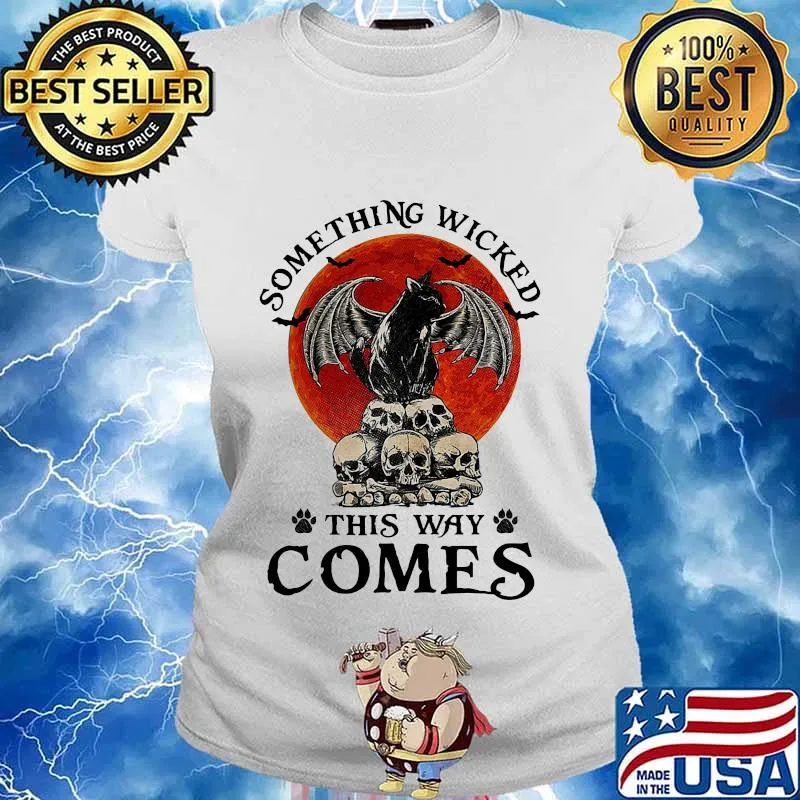Something Wicked This Way Comes Cat Witch Skull Sunset Halloween Shirt Ladies tee