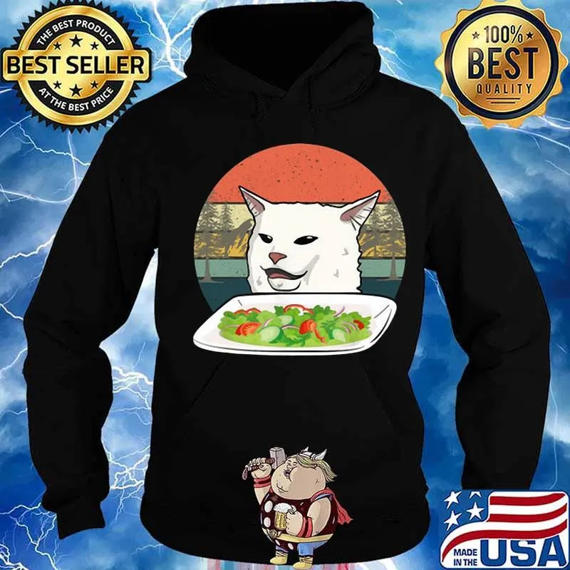 White cat eat salad vintage retro s Hoodie
