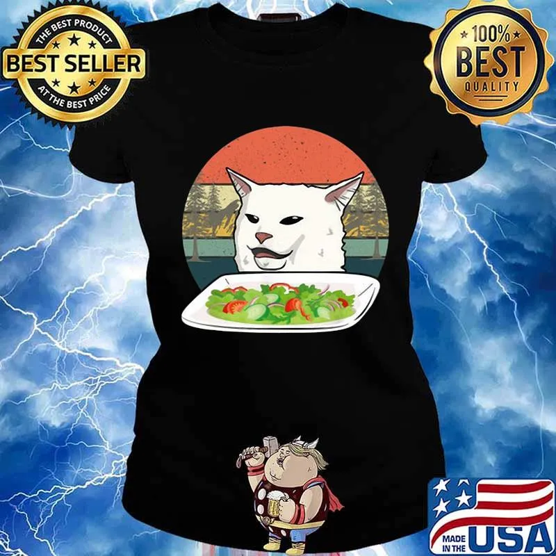 White cat eat salad vintage retro s Ladies tee
