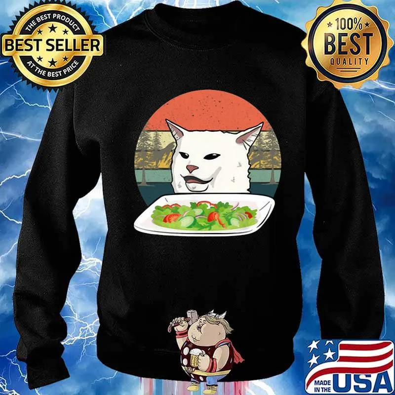White cat eat salad vintage retro s Sweater