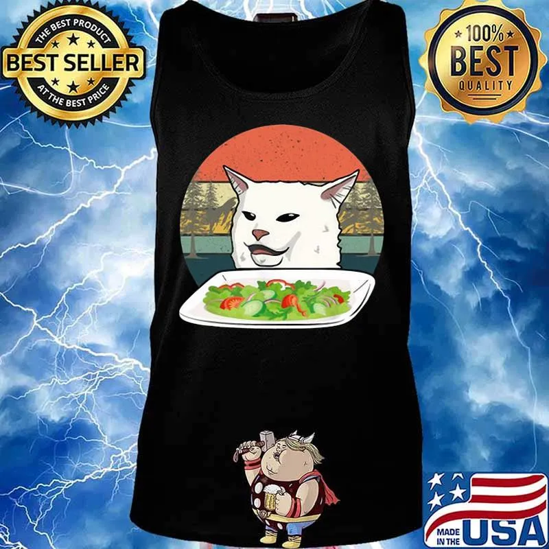 White cat eat salad vintage retro s Tank top