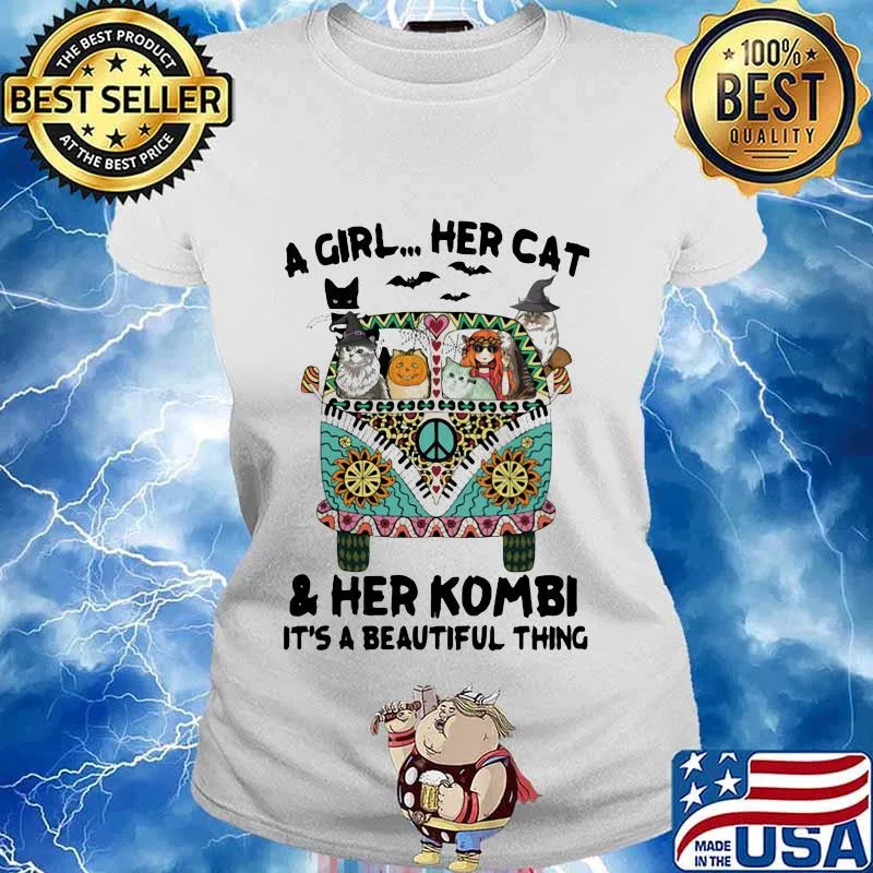 A girl her cat and her kombi it's a beautiful thing witch hat bats halloween s Ladies tee
