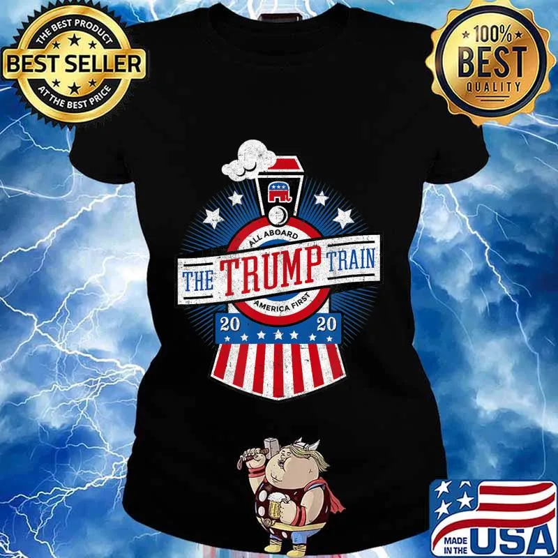 All Aboard the Trump Train 2020 American Flag Reelect 45 T-Shirt Ladies tee