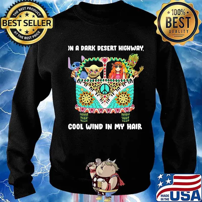 Baby yoda stitch and baby groots riding hippie bus in a dark desert highway cool wind in my hair s Sweater