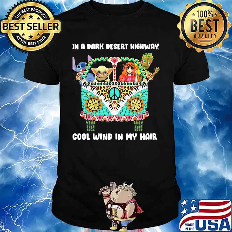 Baby yoda stitch and baby groots riding hippie bus in a dark desert highway cool wind in my hair shirt