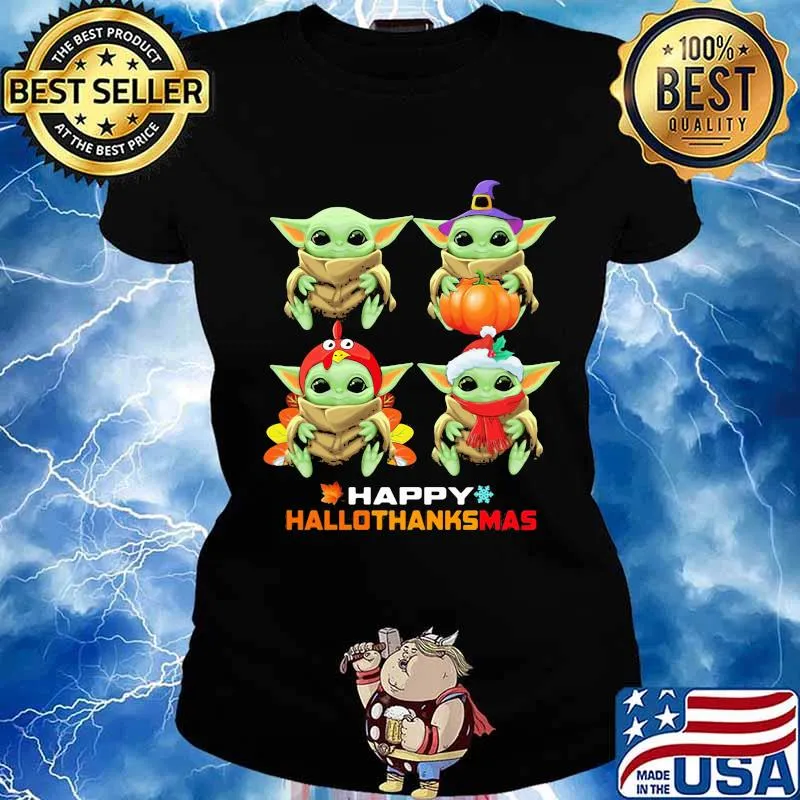 Baby yoda witch happy hallothanksmas halloween thanksgiving christmas s Ladies tee