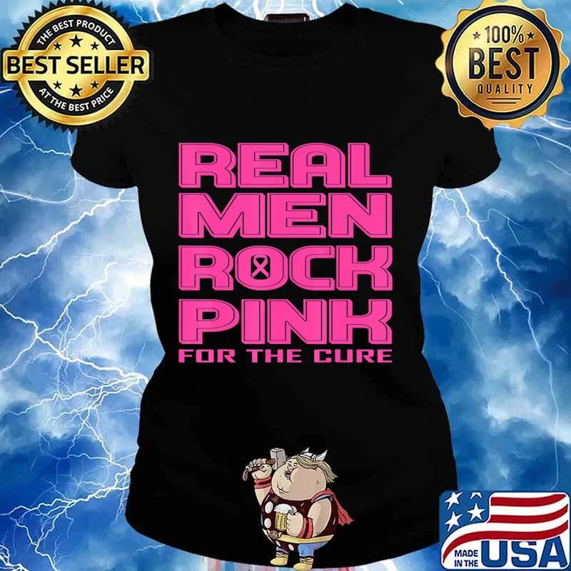 Black & White Real Men Rock Pink Breast Cancer Awareness T-Shirt Ladies tee