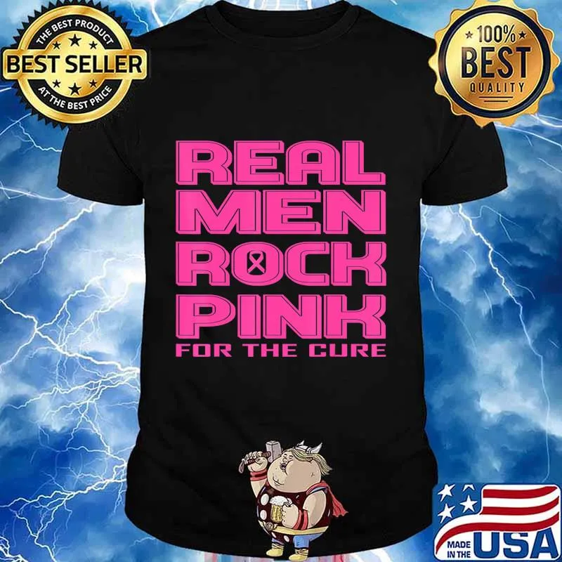 Black & White Real Men Rock Pink Breast Cancer Awareness T-Shirt