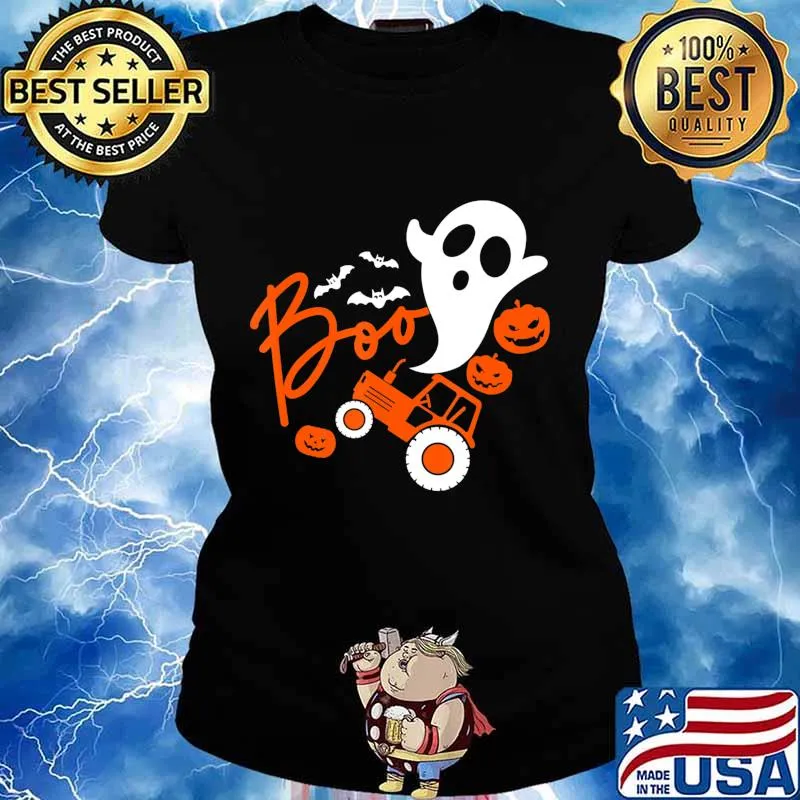 Boo Ghost Rider Tractor Farmer Pumpkin Halloween Costume T-Shirt Ladies tee