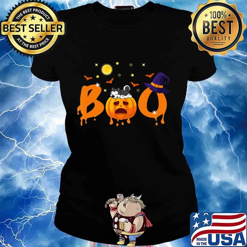 Boo Husky Halloween witch hat funny T-Shirt Ladies tee