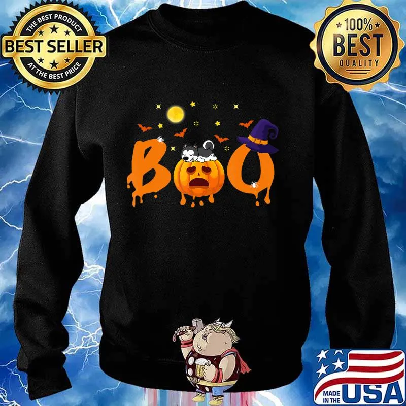 Boo Husky Halloween witch hat funny T-Shirt Sweater