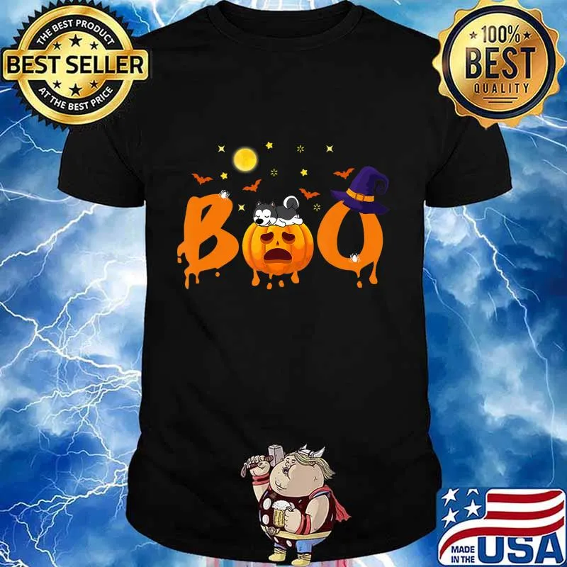 Boo Husky Halloween witch hat funny T-Shirt