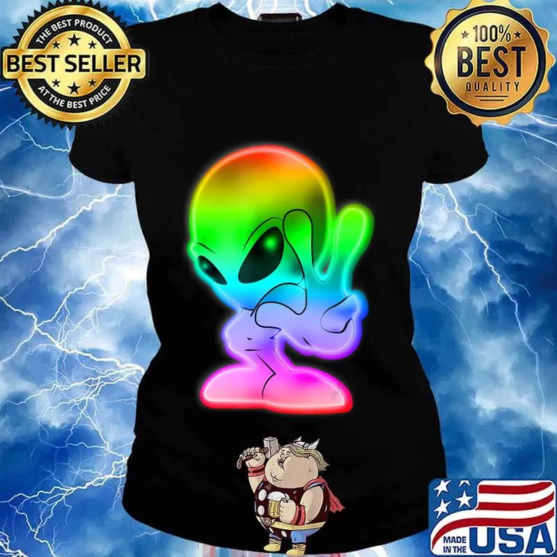 Colorful Alien Peace Sign UFO Alien Gift T-Shirt Ladies tee