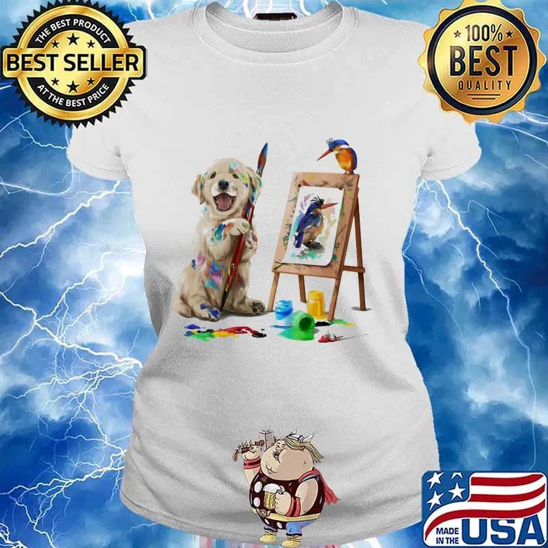 Golden retriever painting bird s Ladies tee