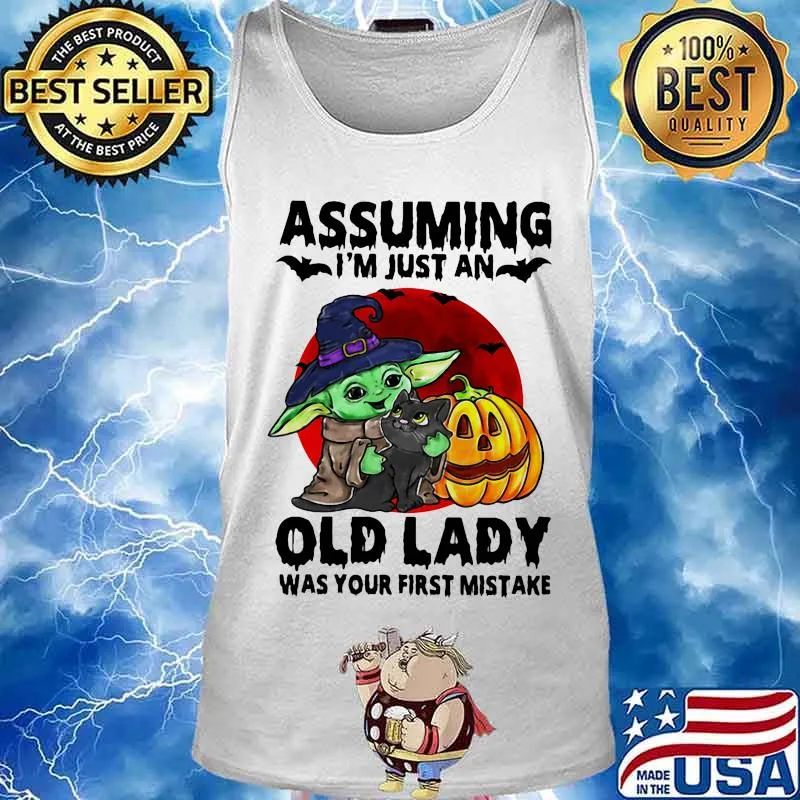Halloween baby yoda witch and cat assuming i'm just an old lady was your first mistake sunset s Tank top