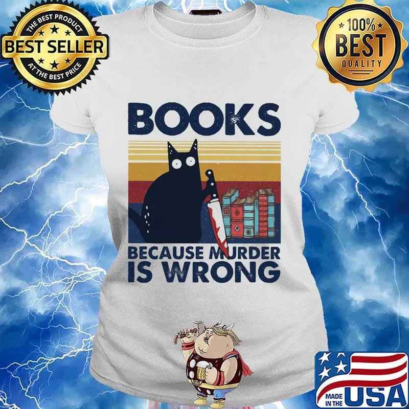 Halloween black cat hold knife books because murder is wrong vintage retro s Ladies tee