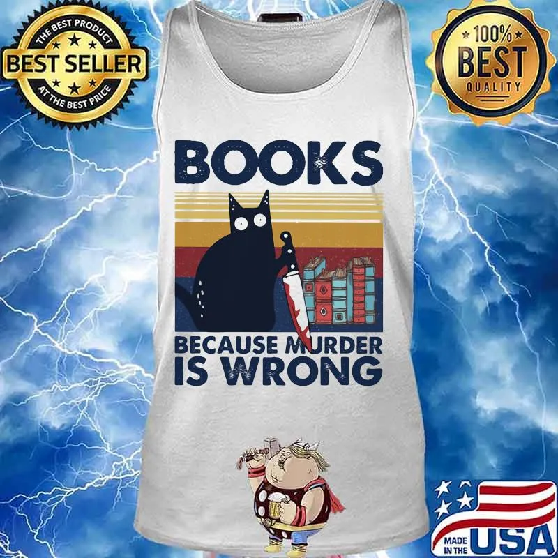Halloween black cat hold knife books because murder is wrong vintage retro s Tank top