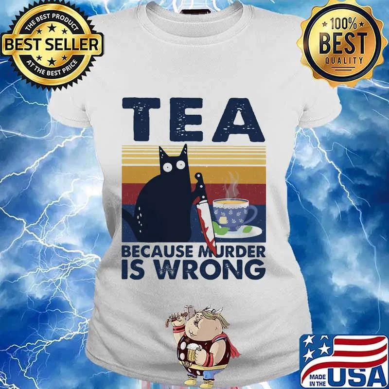 Halloween black cat hold knife tea because murder is wrong vintage retro s Ladies tee