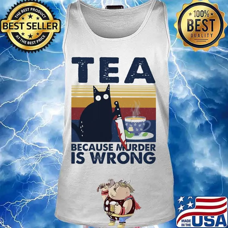 Halloween black cat hold knife tea because murder is wrong vintage retro s Tank top