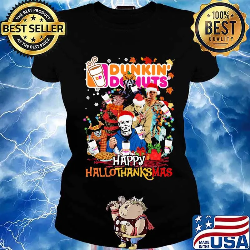 Halloween horror characters dunkin donuts happy hallothanksmas halloween thanksgiving christmas s Ladies tee