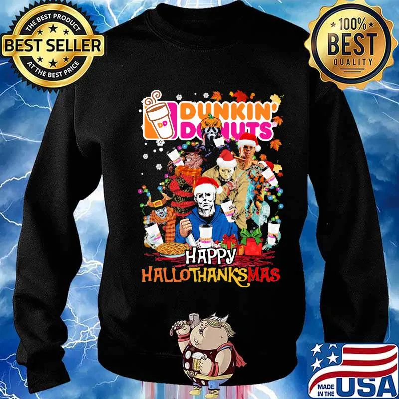 Halloween horror characters dunkin donuts happy hallothanksmas halloween thanksgiving christmas s Sweater