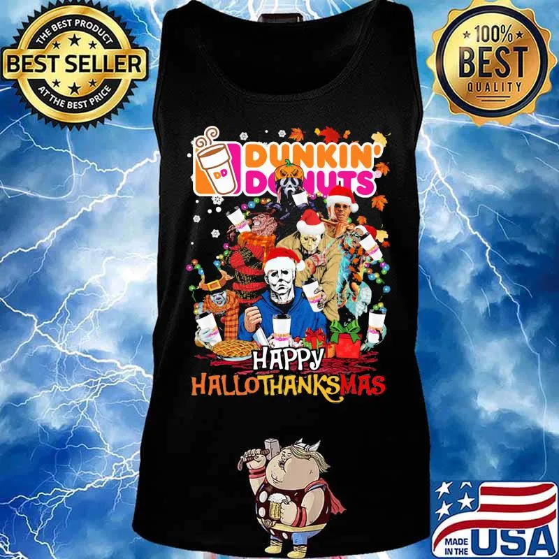 Halloween horror characters dunkin donuts happy hallothanksmas halloween thanksgiving christmas s Tank top