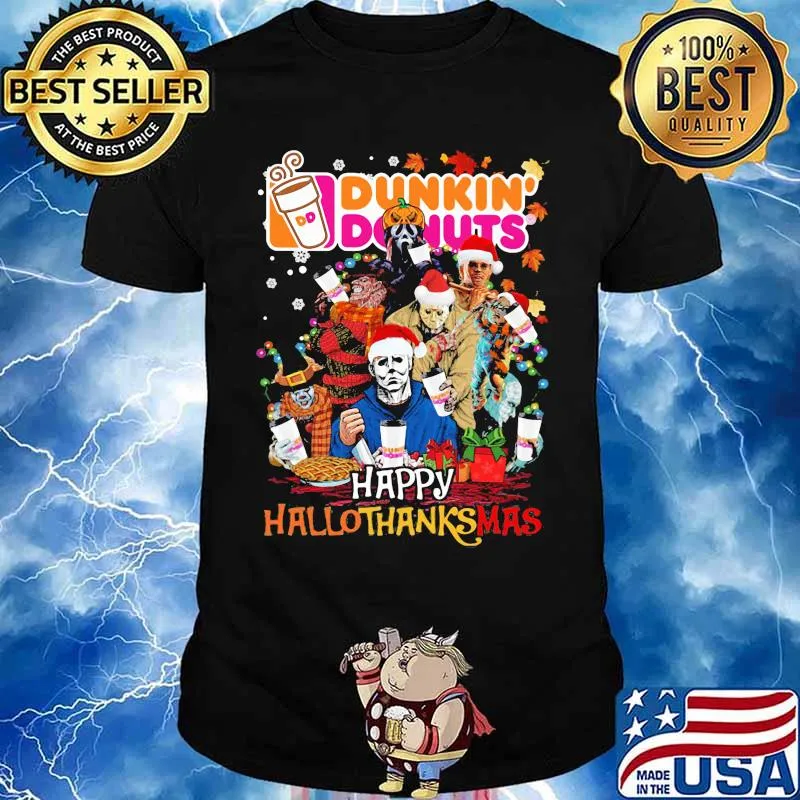 Halloween horror characters dunkin donuts happy hallothanksmas halloween thanksgiving christmas shirt