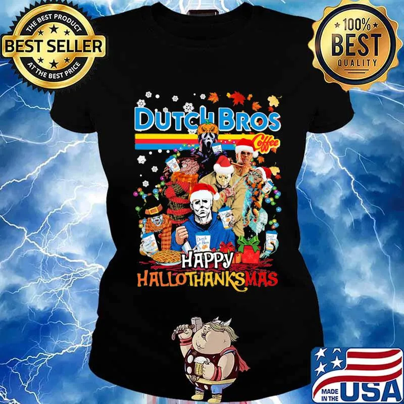 Halloween horror characters dutch bros happy hallothanksmas halloween thanksgiving christmas s Ladies tee