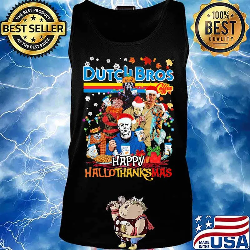 Halloween horror characters dutch bros happy hallothanksmas halloween thanksgiving christmas s Tank top