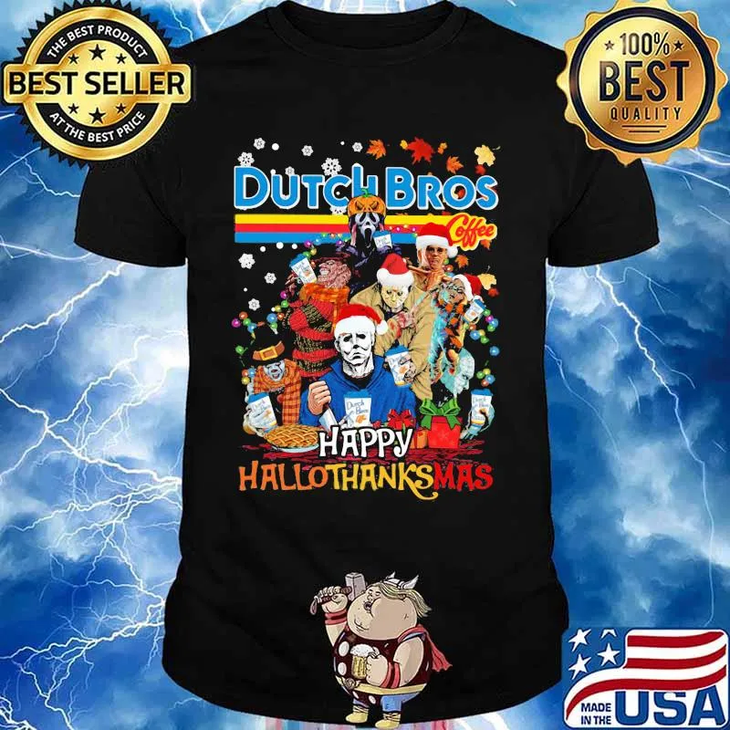 Halloween horror characters dutch bros happy hallothanksmas halloween thanksgiving christmas shirt