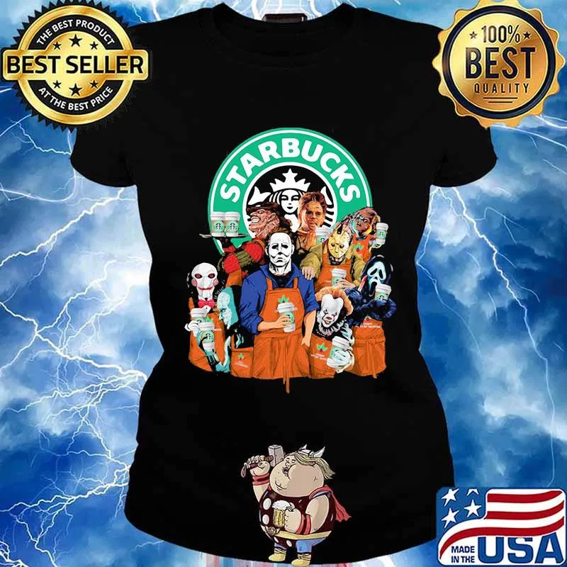 Halloween horror characters starbucks coffee s Ladies tee