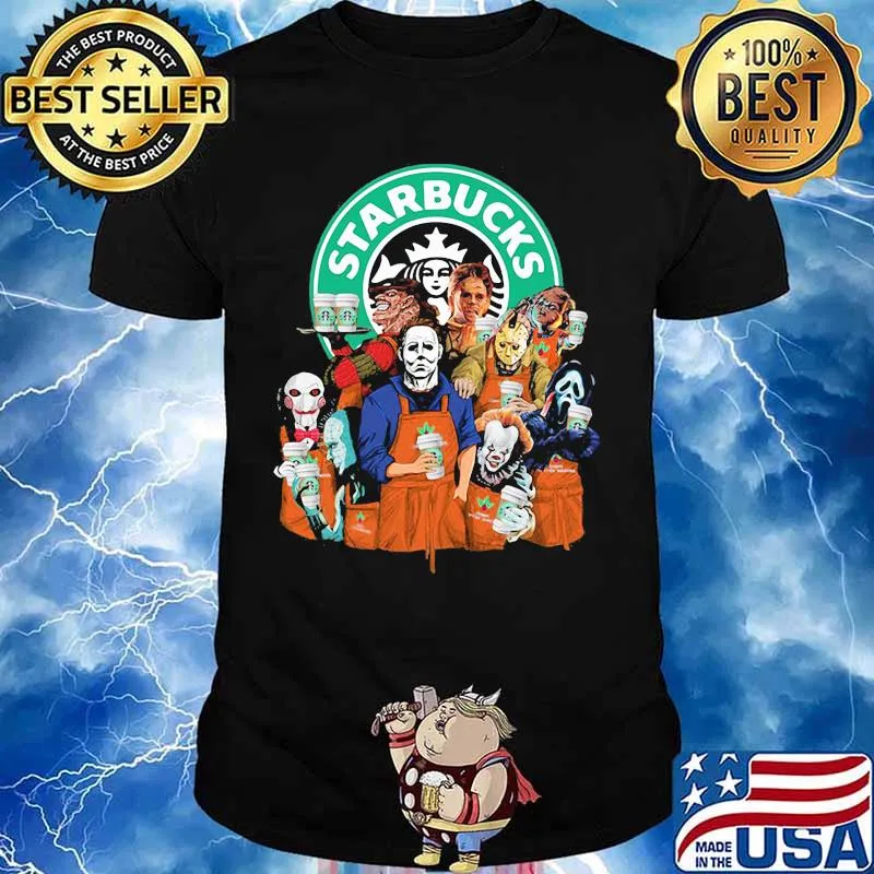 Halloween horror characters starbucks coffee shirt