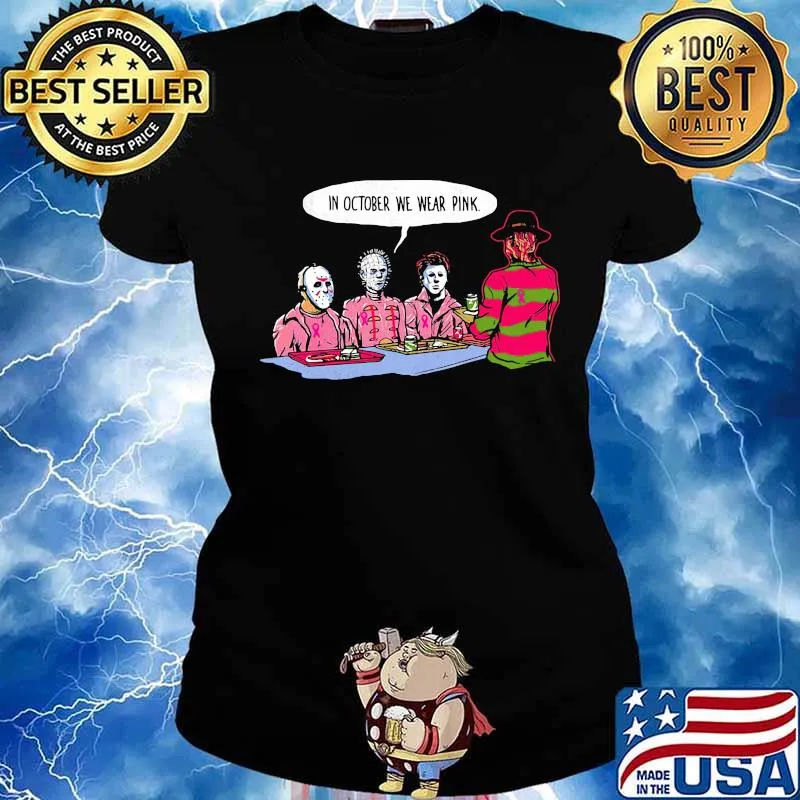 Halloween krueger jason voorhees michael myers in october we wear pink s Ladies tee