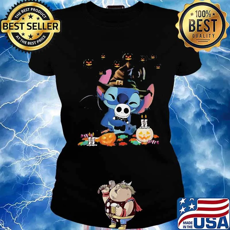 Happy halloween stitch witch pumpkins s Ladies tee