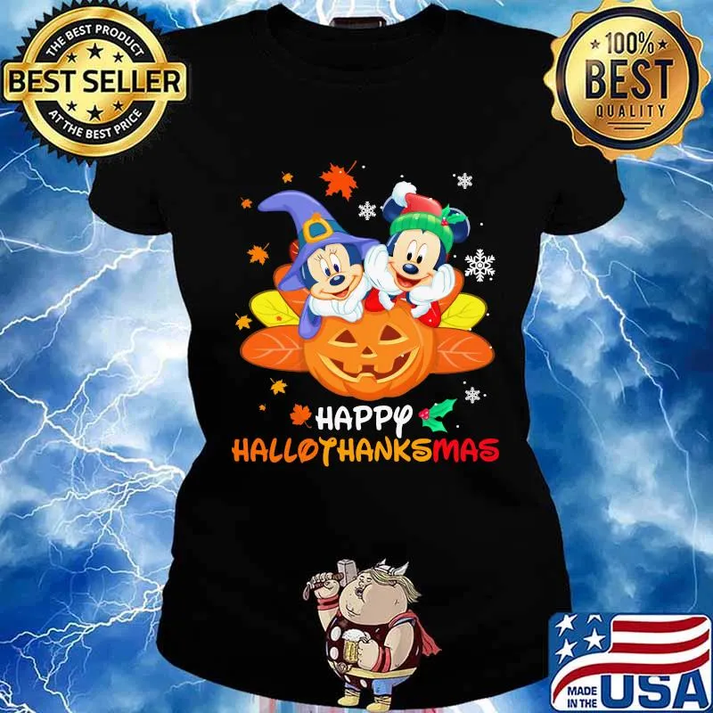 Mickey and minnie happy hallothanksmas halloween thanksgiving christmas s Ladies tee