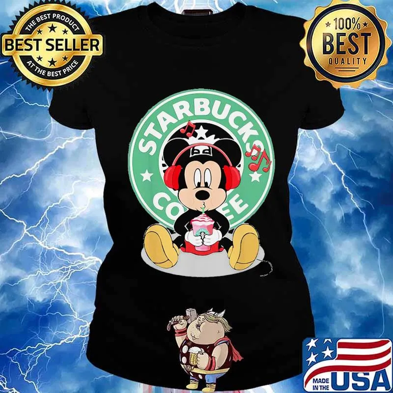 Mickey mouse drinking starbucks coffee logo s Ladies tee