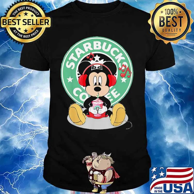 Mickey mouse drinking starbucks coffee logo shirt