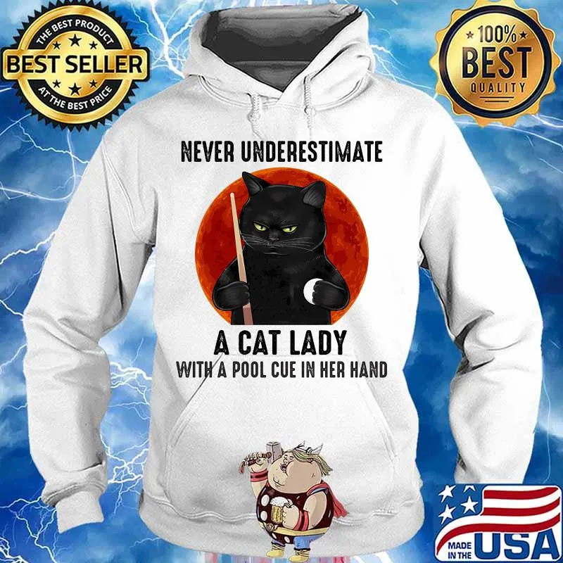 Never underestimate a cat lady with a pool cue in her hand moon blood black cat halloween s Hoodie