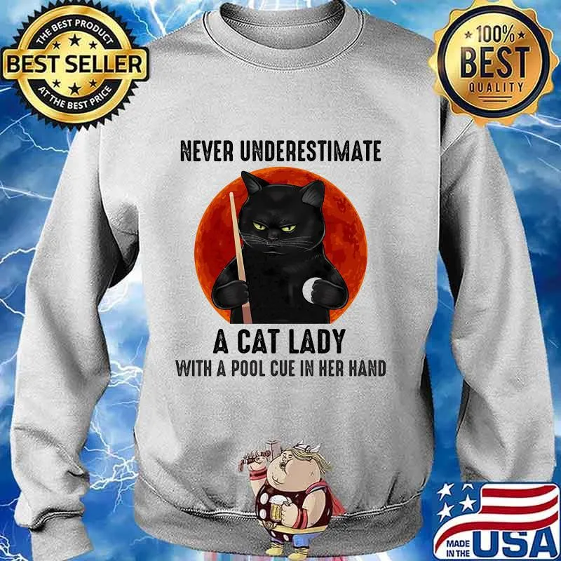 Never underestimate a cat lady with a pool cue in her hand moon blood black cat halloween s Sweater