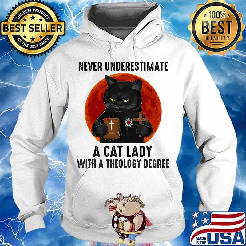 Never underestimate a cat lady with a theology degree black cat moon blood halloween s Hoodie