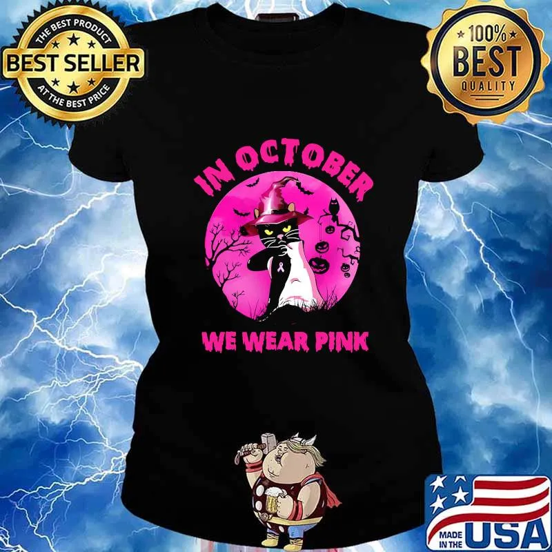 Official In October We Wear Pink Cat Moonlight Halloween Shirt Ladies tee