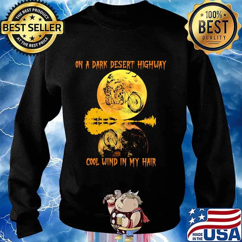 On a dark desert highway dog feel cool wind in my hair moon motorcycle halloween s Sweater