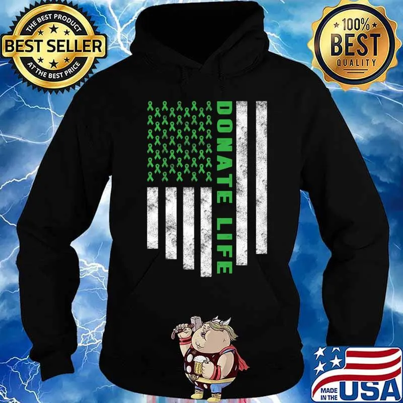 Organ Transplant Awareness USA Flag Donate Life Green Ribbon Premium T-Shirt Hoodie