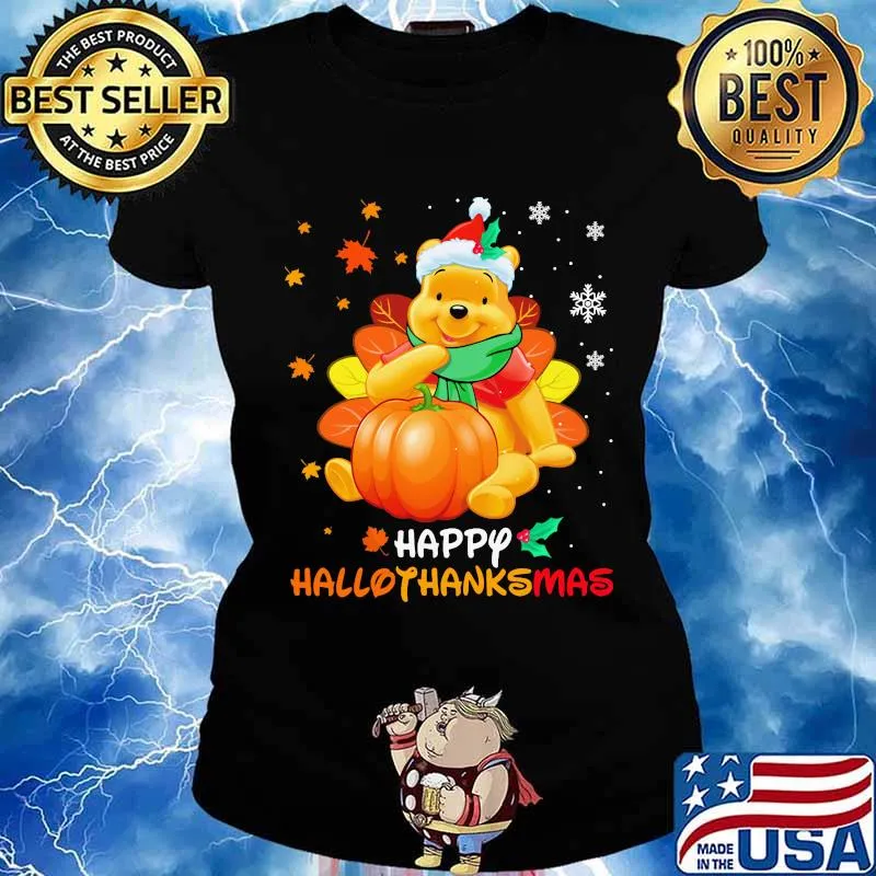 Pooh happy hallothanksmas halloween thanksgiving christmas s Ladies tee