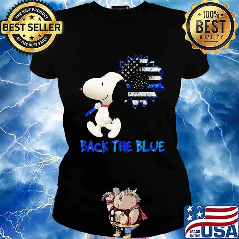 Snoopy holding sunflower back the blue american flag s Ladies tee