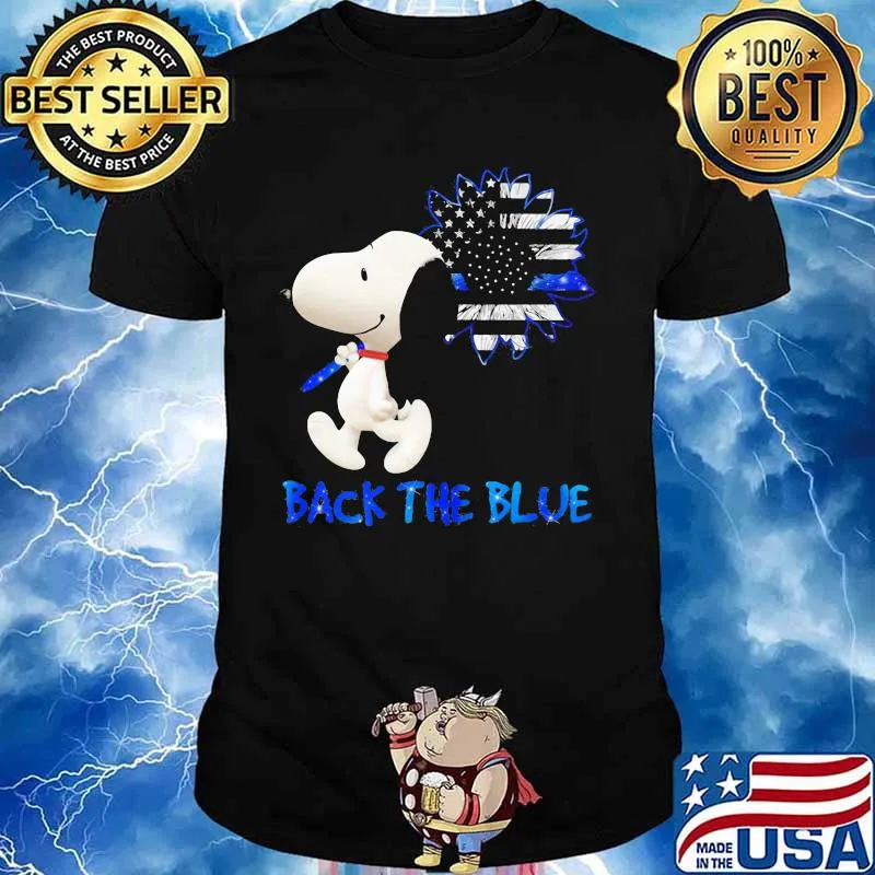 Snoopy holding sunflower back the blue american flag shirt