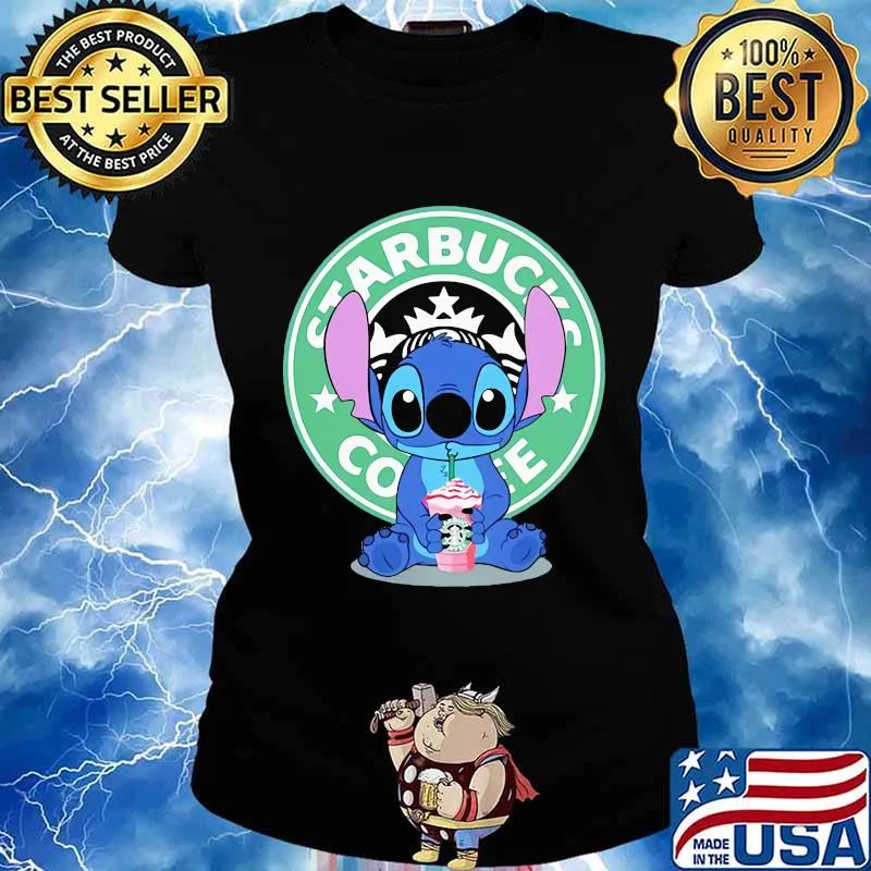 Stitch drinking starbucks coffee logo s Ladies tee